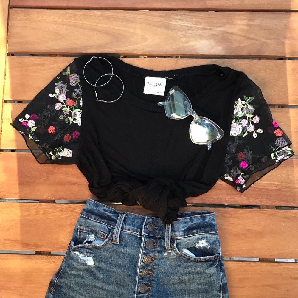sweet floral embroidered mesh sleeve tee